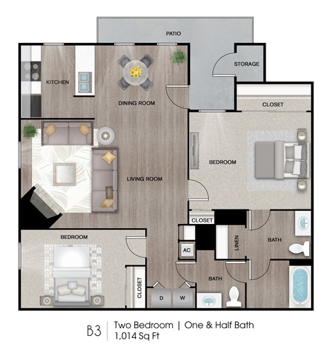 A floor plan of a two bedroom apartment with one and a half bath.